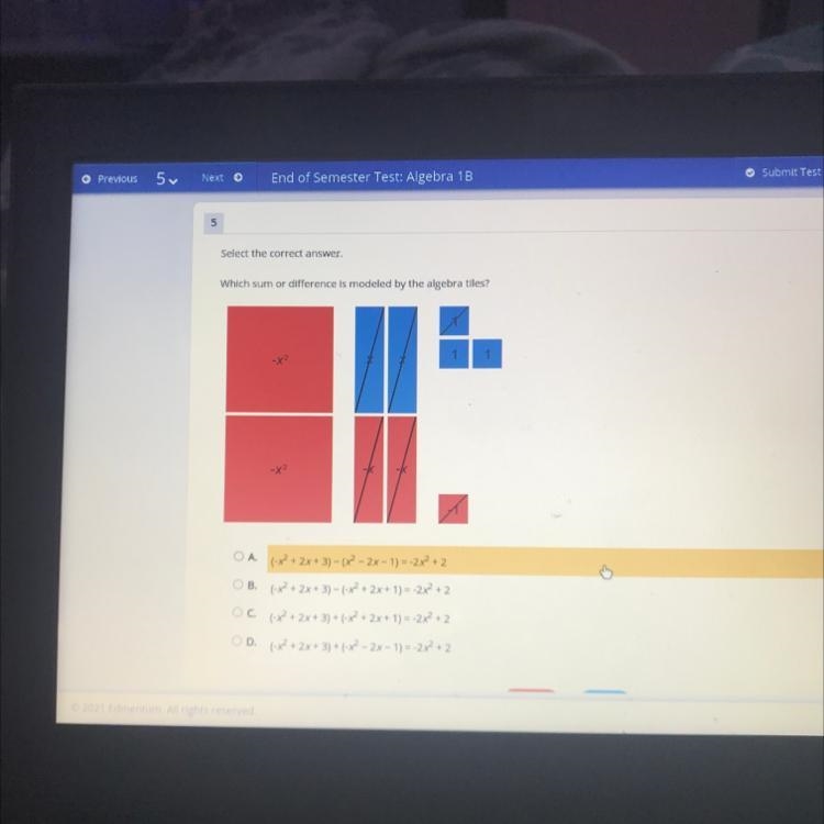 Which sum or difference is modeled by the algebraic tiles?-example-1