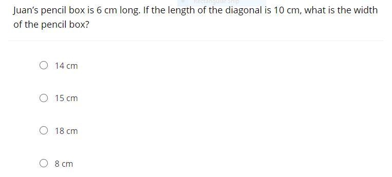 juans pencil box measures 6 cm long. if the length of the diagonal is 10 cm what is-example-1