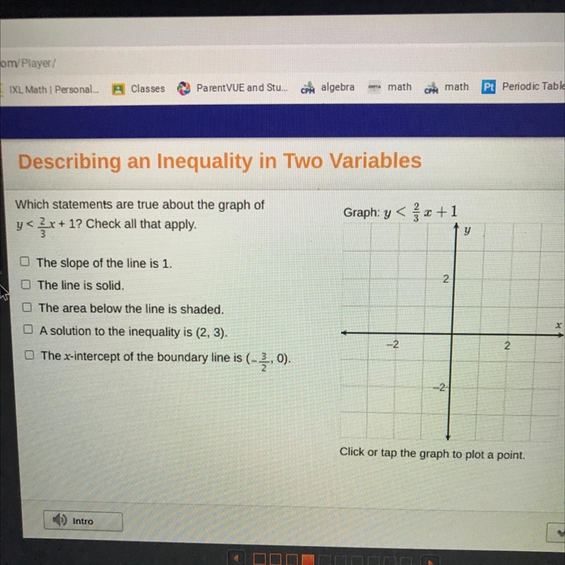 Which statements are true about the graph of Y is less than 2/3 X +1? Check all that-example-1