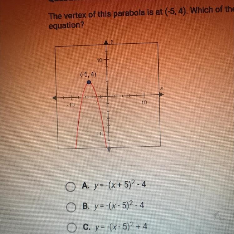 The vertex of this parabola is at (-5, 4). Which of the following could be its equation-example-1