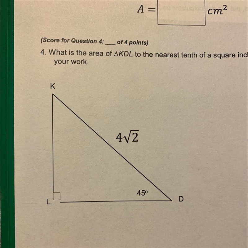 What is the area of KDL to the nearest tenth of a square inch? Use special right triangles-example-1