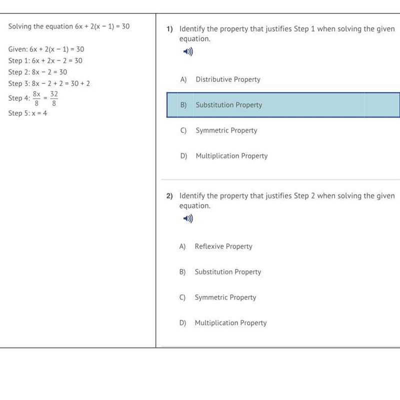 Identify the property that justifies step 1 when solving the equation-example-1