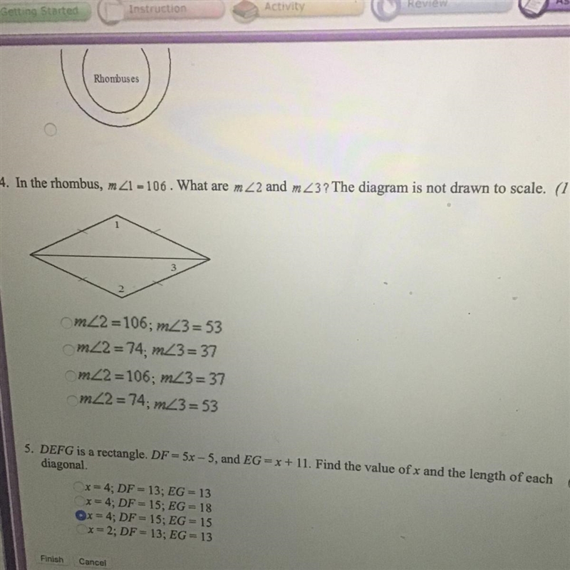 Easy question!!!! In the rhombus, 41-106. What are m 22 and m 23? The diagram is not-example-1