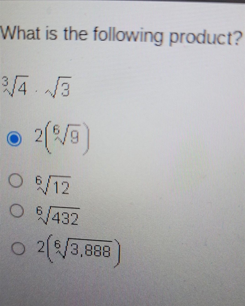 What is the following product? 3sqrt4 times sqrt3​-example-1