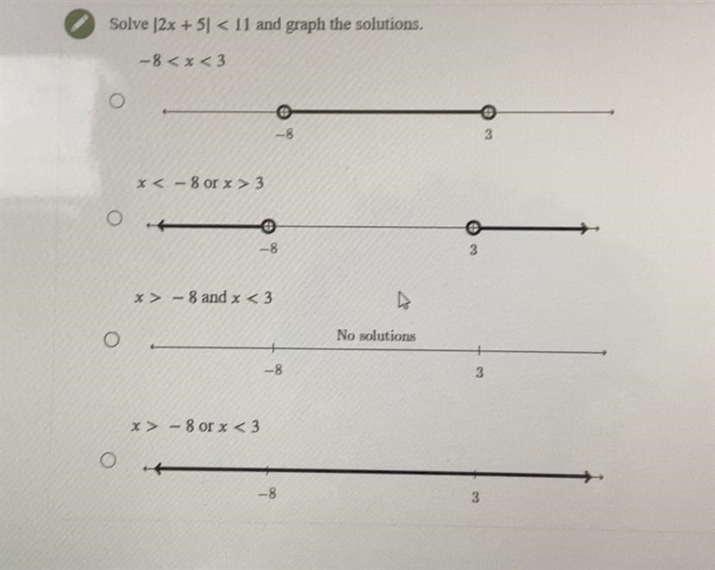 The solution is {-8, 3} but I’m not sure how to graph it on a line, is it A B C or-example-1