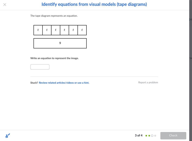 The tape diagram represents an equation. Write an equation to represent the image-example-1