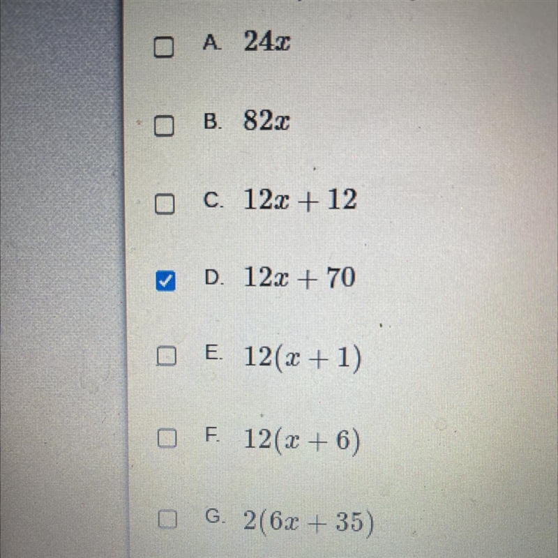 Which expressions are equivalent to 5(x + 7) + 7(x + 5) Please help-example-1