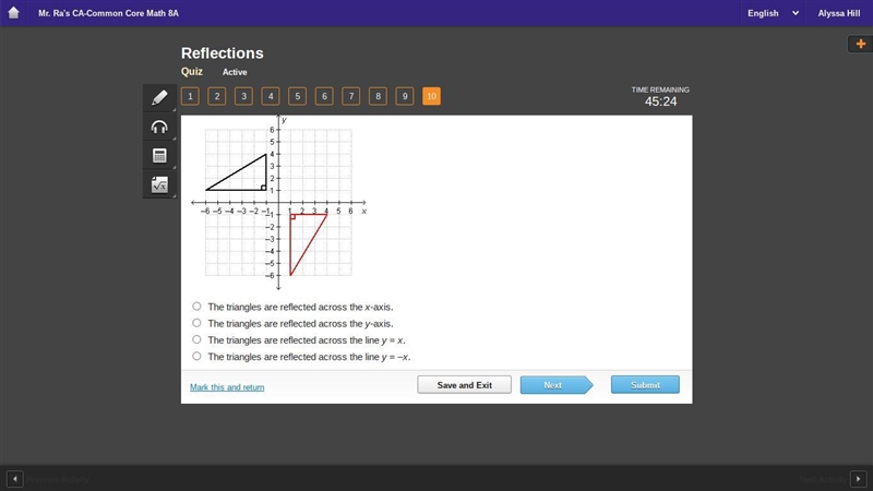 Which statement correctly identifies the line of reflection? On a coordinate plane-example-1