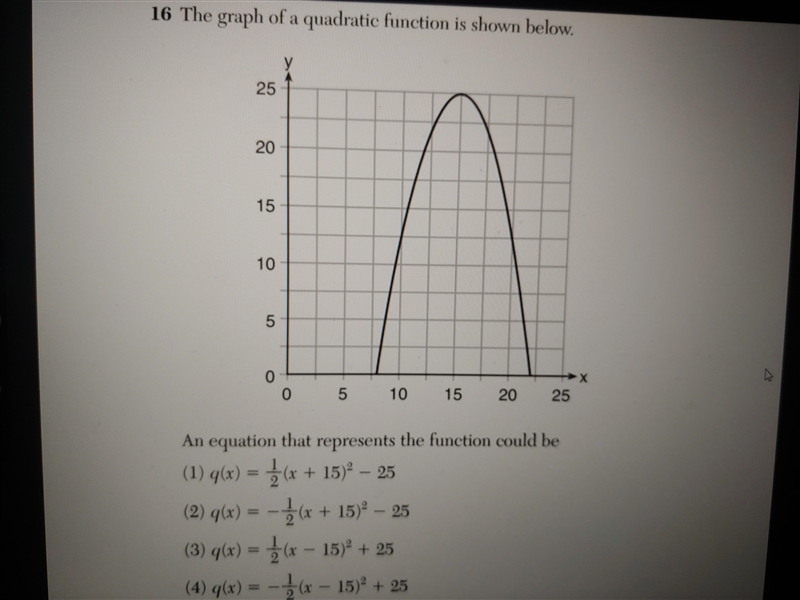 The graph of a quadratic function is shown below. An equation that represent the function-example-1