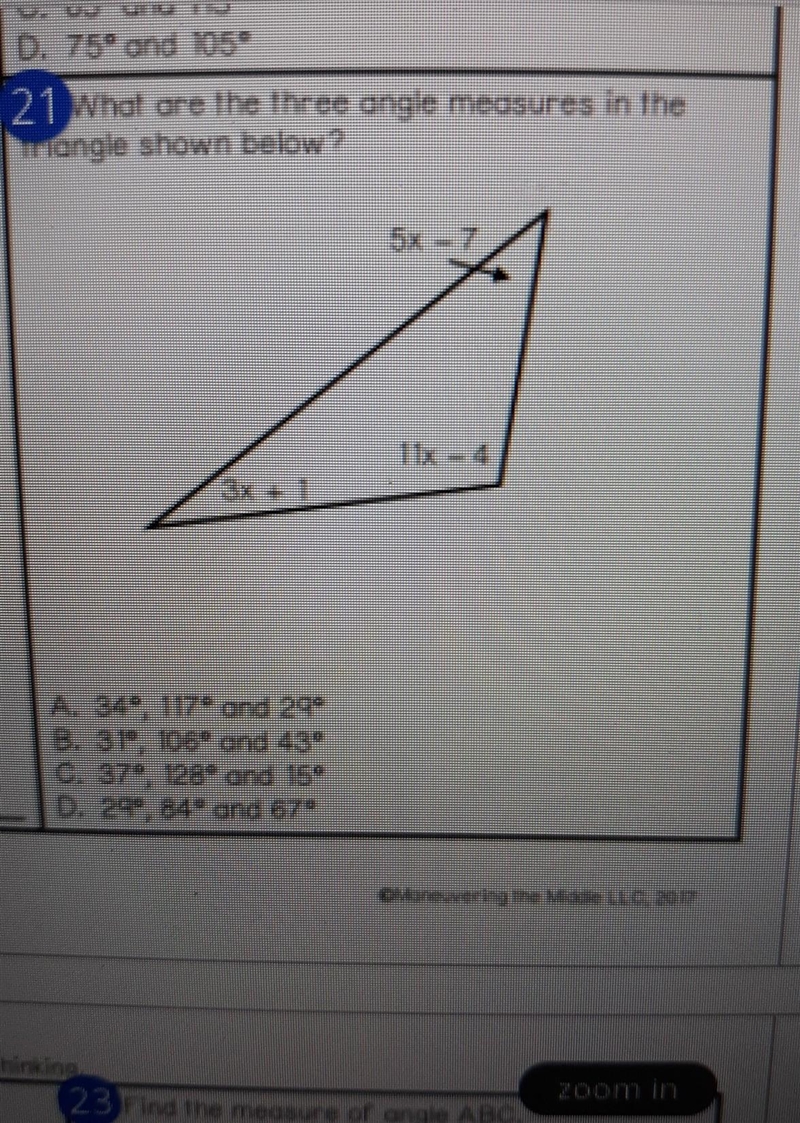 What are the three angle measures in the triangle shown below​-example-1