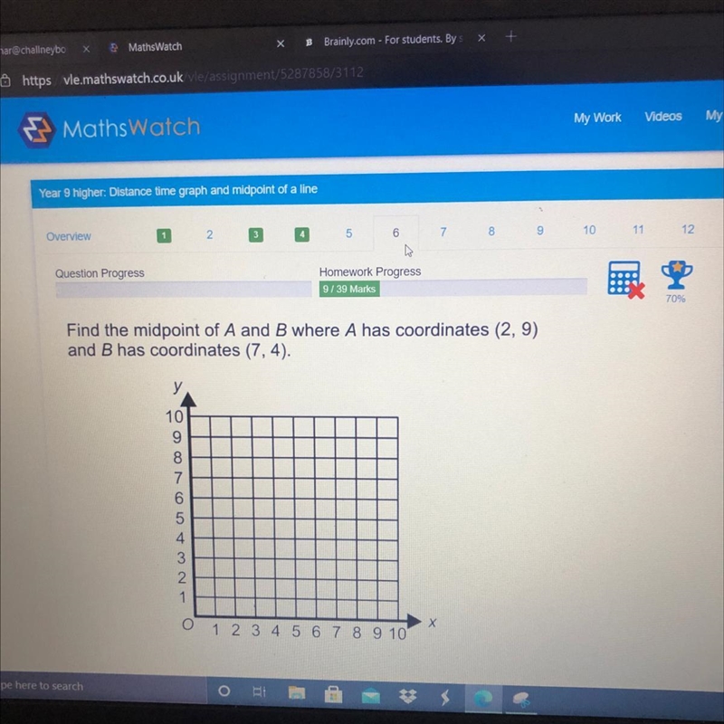 Find the midpoint of A and B has coordinates (2,9) and B has coordinates (7,4)-example-1