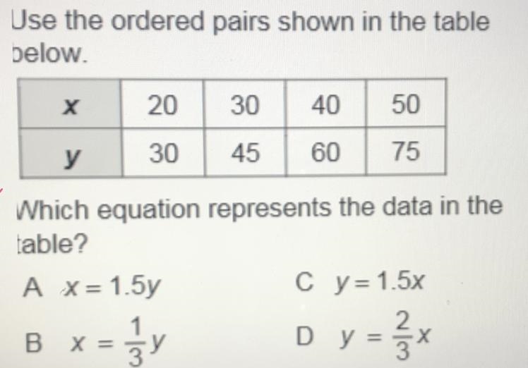 Use the ordered pairs shown in the table. Which equation represents the data in the-example-1