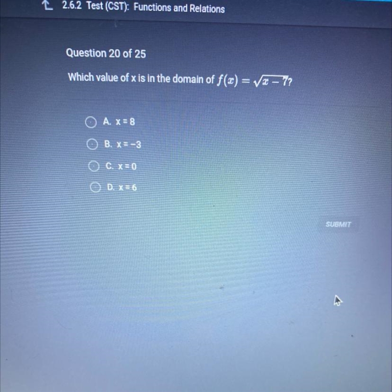 Which value of x is in the domain of f(x)= Vx-7-example-1