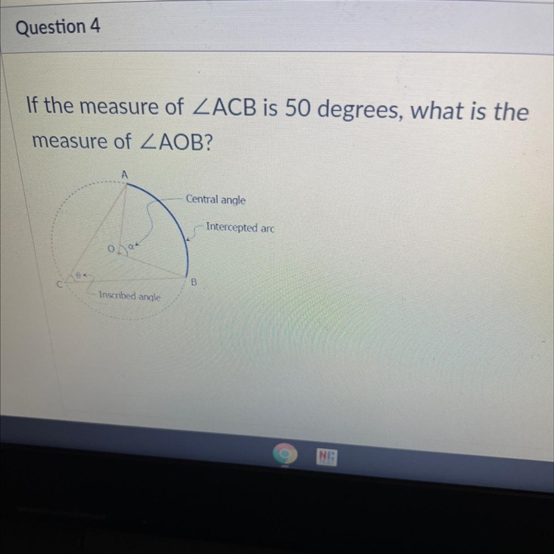 If the measure of ACB is 50 degrees, what is the measure of that AOB-example-1