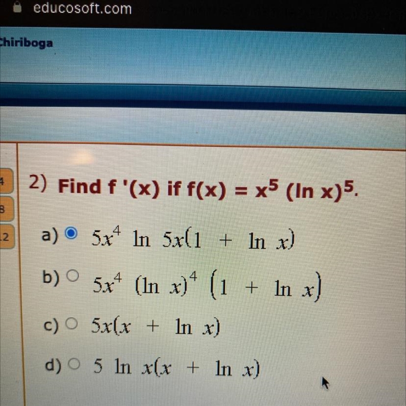 Find f’ (x) if f(x) = x ^ 5 * (ln(x)) ^ 5 .-example-1