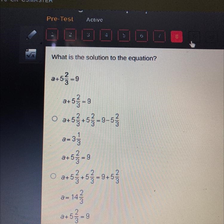 What is the solution to the equation? 6-ste e 3 2+52-9 2+53 +53-9-5 a-3 2:53 -9 a-example-1