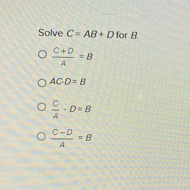 Solve C= AB+ D for B-example-1