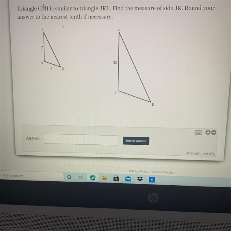 Triangle GHI is similar to triangle JKL. Find the measure of side JK. Round your answer-example-1