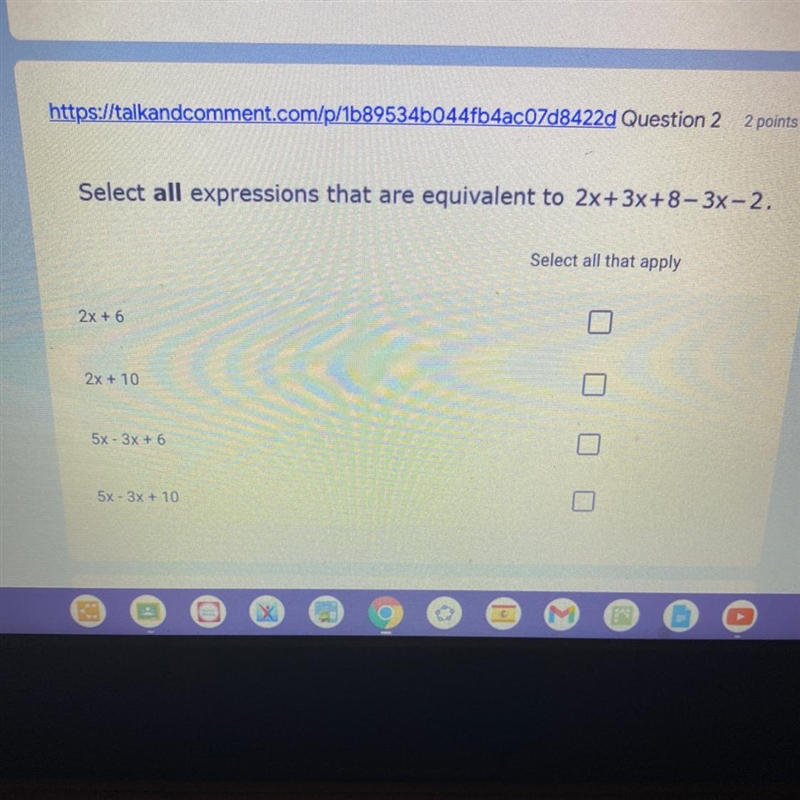 Select all expressions that are equivalent to 2x+3x+8-3x-2. Select all that apply-example-1