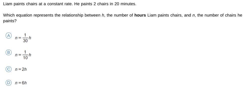 Liam paints chairs at a constant rate. He paints 2 chairs in 20 minutes. Which equation-example-1