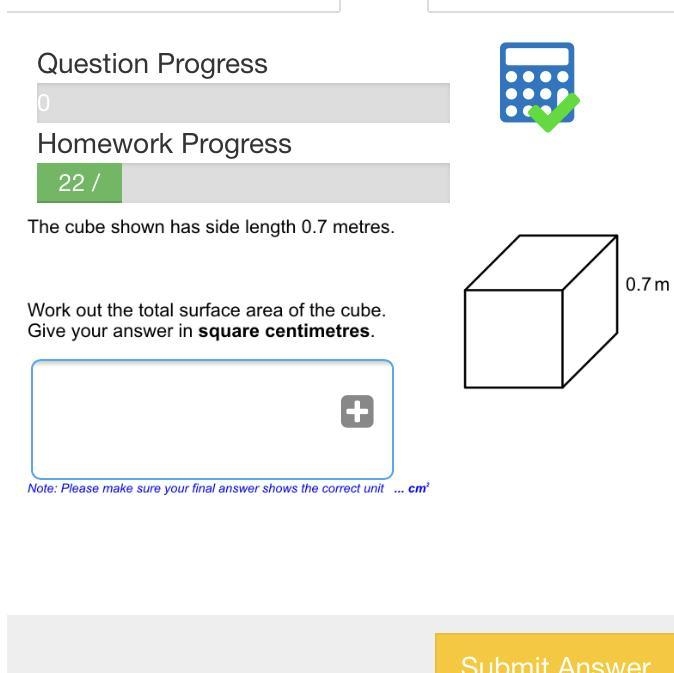 The cube shown has side length 0.7 metres. Work out the total surface area of the-example-1