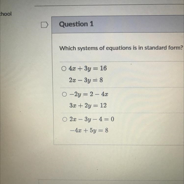 Which system of equations is in standard form?-example-1