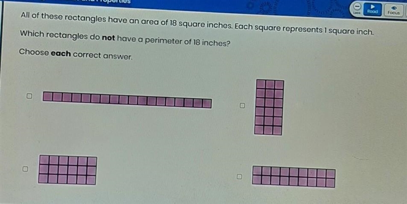 these rectangles have an area of 18 square inches. Each square represents 1 square-example-1