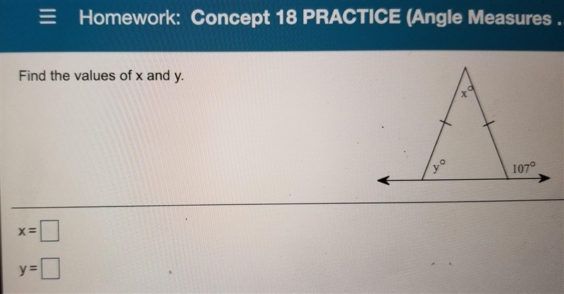 Find the values of x and y. 107 X= y=​-example-1