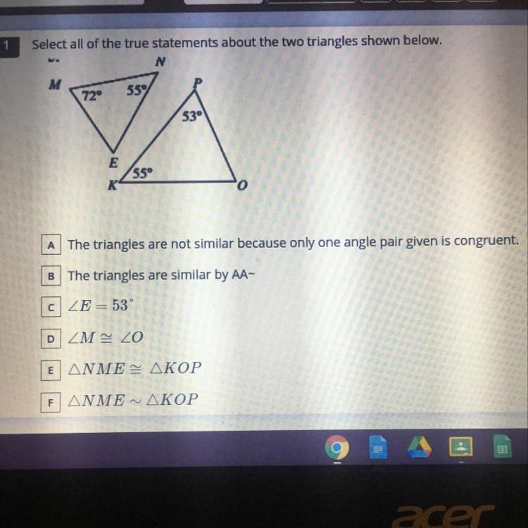 1 Select all of the true statements about the two triangles shown below.-example-1