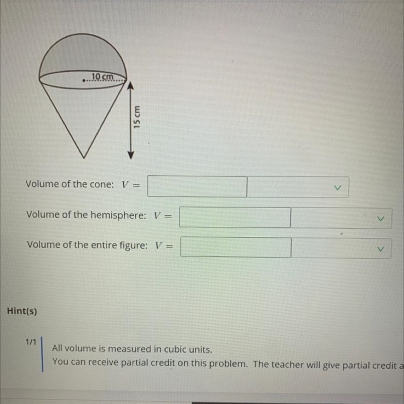 Can someone help me find the volume of the cone and the entire figure-example-1