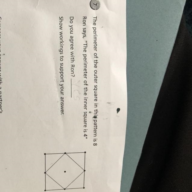 The perimeter of the outer square in thiæ pattern is 8 Ron says, “The perimeter of-example-1