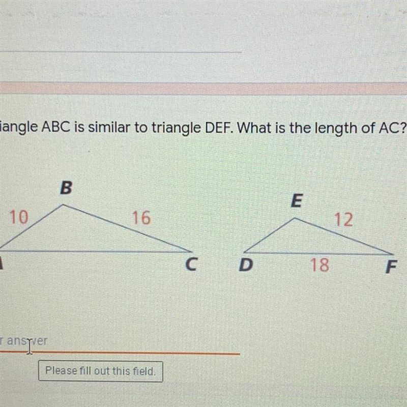 Triangle ABC is similar to triangle DEF what is the length of AC?-example-1