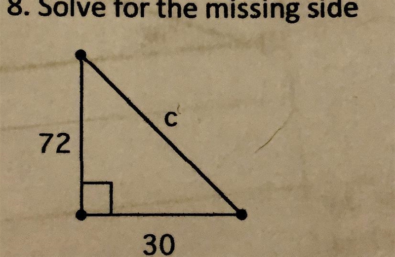 Solving for the missing side of the triangle , please help-example-1