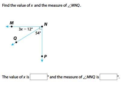 Find the value of x and the measure of angleMNQ.-example-1