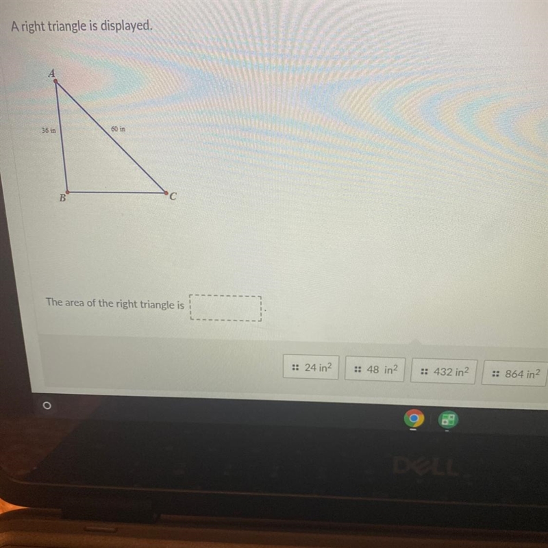 A right triangle is displayed. The area of the right triangle is A. 24 in ^2 B. 48 in-example-1