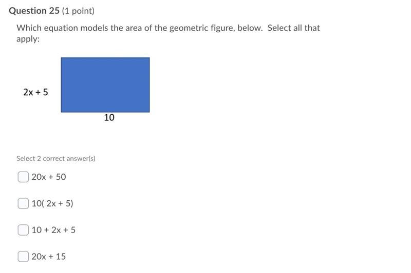 Which equation models the area of the geometric figure, below. Select all that apply-example-1