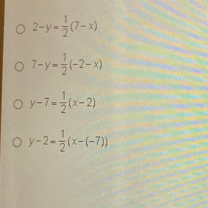 What is the point slope form of a line that has a slope of 1/2 and passes through-example-1