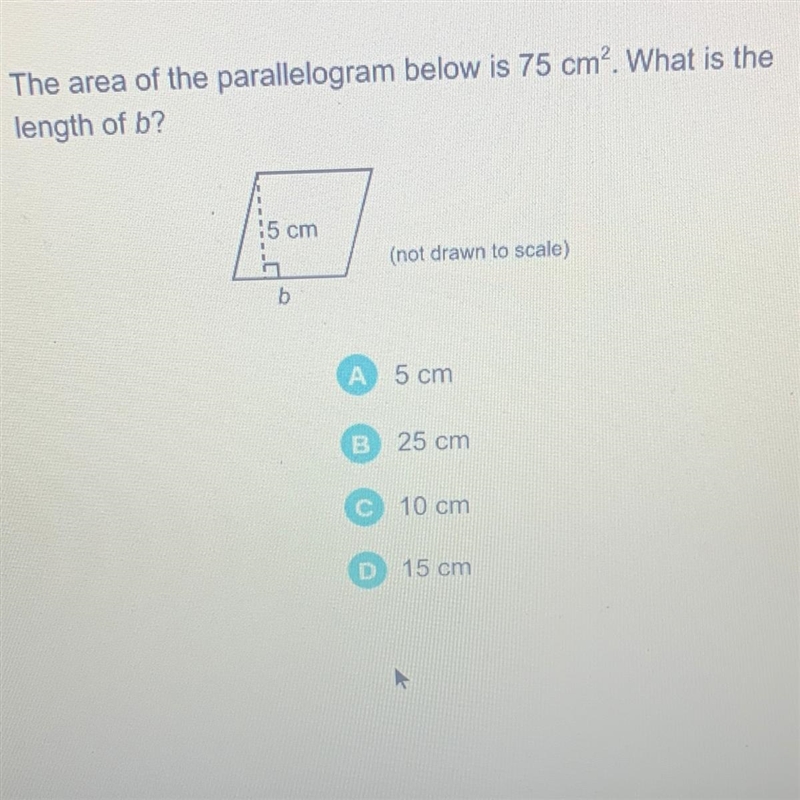 The area of the parallelogram below is 75 cm? What is the length of b?-example-1