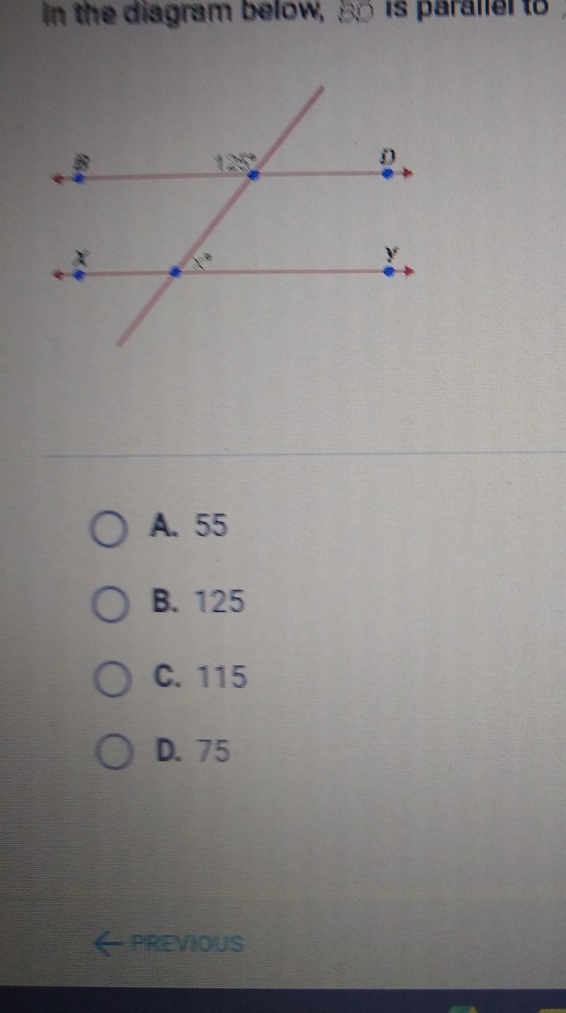 In the diagram below, BD is parallel to XY. What is the value of x? ​-example-1