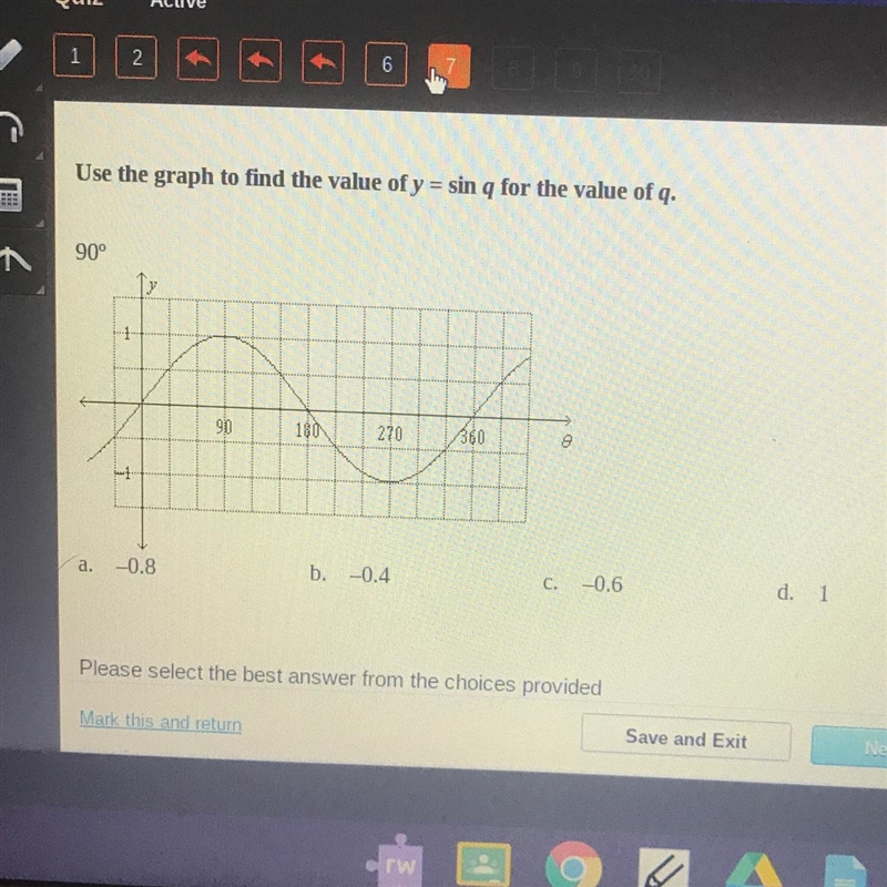 Use the graph to find the value of y = sin q for the value of q. 90°-example-1