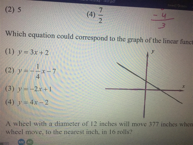 Which equation could correspond to the graph of the linear function shown below (1) y-example-1