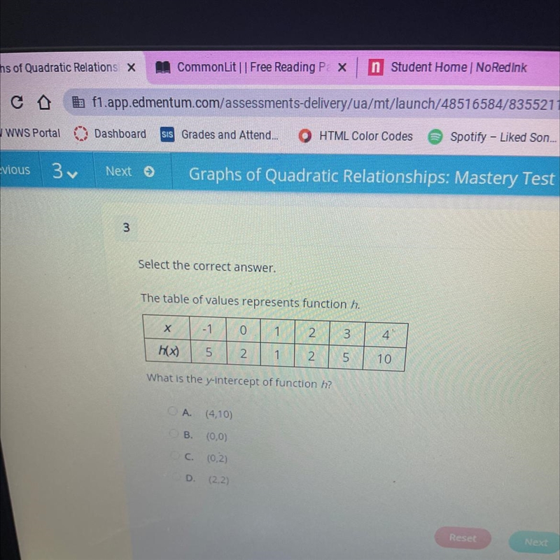 Select the correct answer. The table of values represents function h. х -1 0 1 2 3 h-example-1