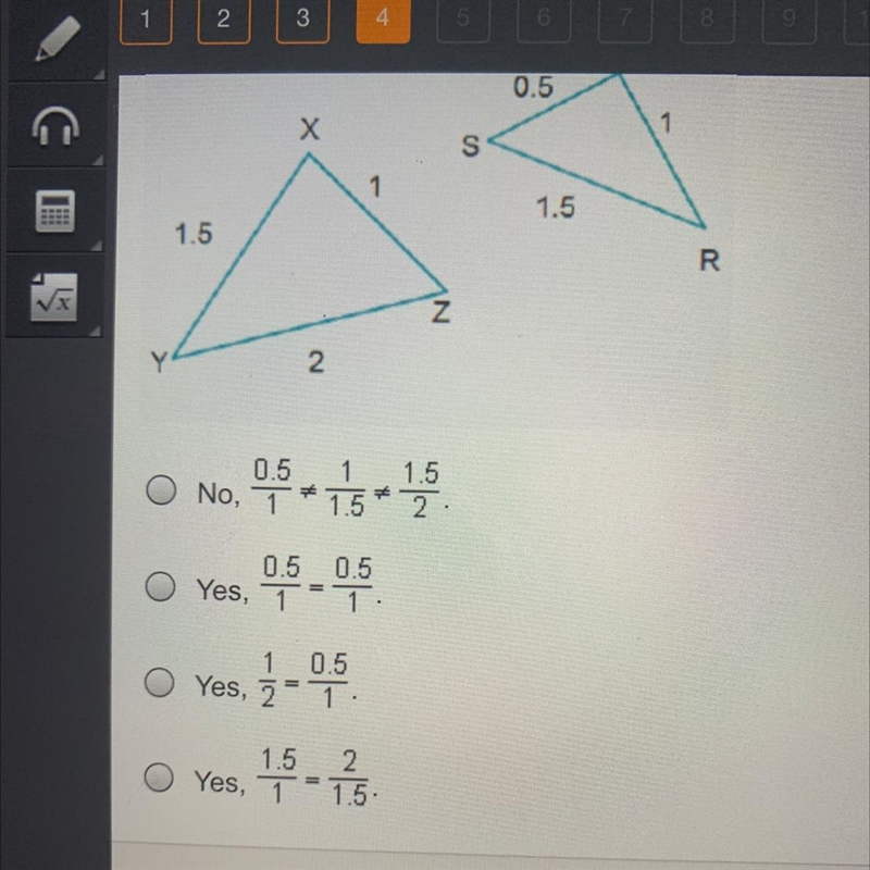 Using side lengths only, could the triangles be similar? Q 0.5 X 1 S 1 1.5 1.5 R N-example-1