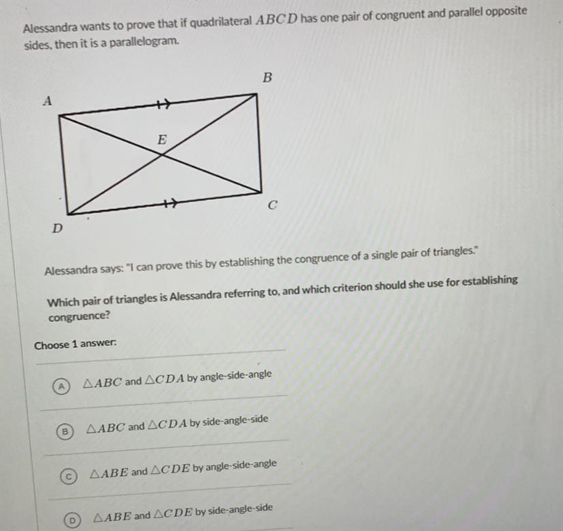 Which pair of triangles is Alessandra referring to, and which criterion should she-example-1