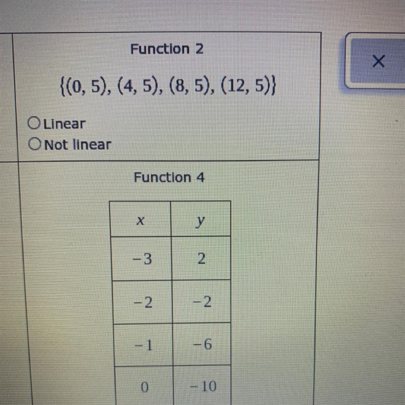 Function 2 {(0,5), (4, 5), (8,5), (12,5)} O Linear Not linear-example-1