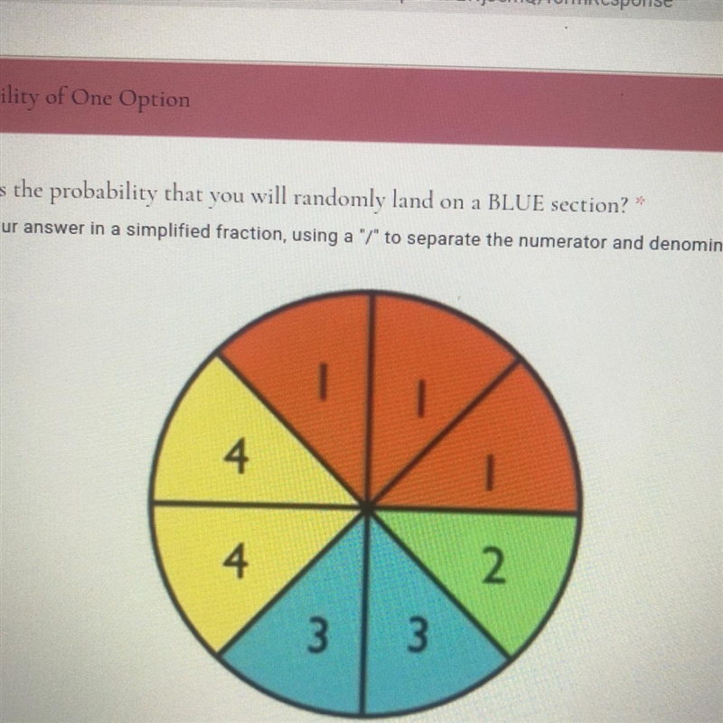 What is the probability that you will randomly land on a BLUE section? Write your-example-1