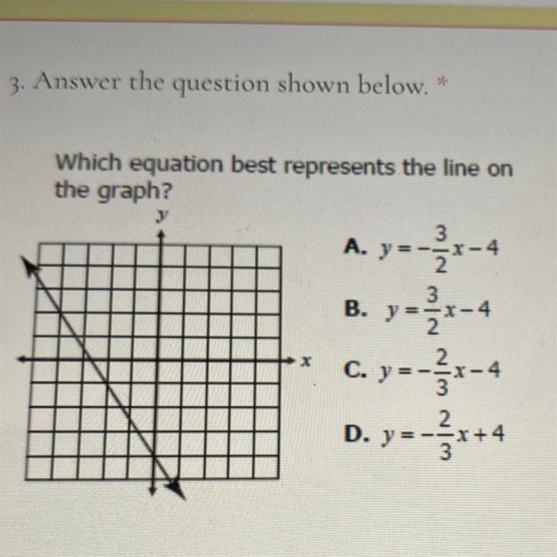 Which equation best represents the line on the graph? 3 y B. - A. y--3-4 y -x-4 C-example-1