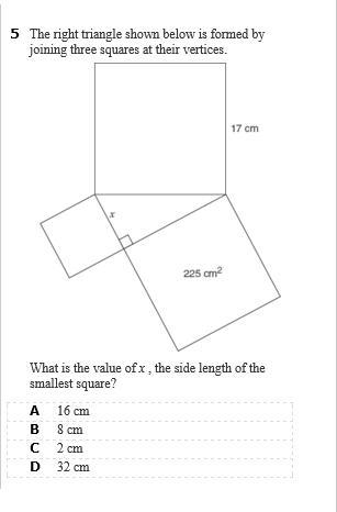 The right triangle shown below is formed by joining three squares at their vertices-example-1