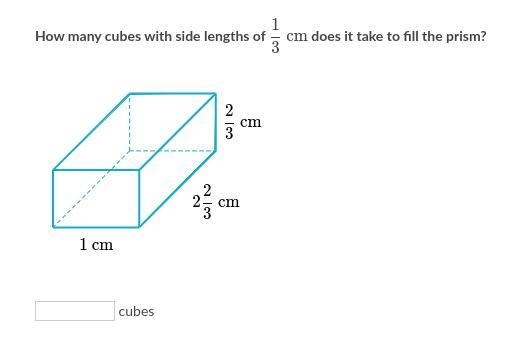 How many cubes with side lengths of 1/3 cm does it take to fill the prism?-example-1