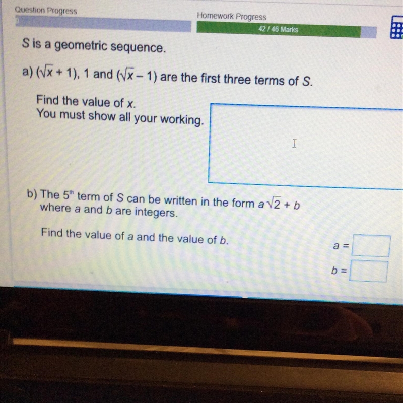 S is a geometric sequence. a) (1x + 1), 1 and (rootx - 1) are the first three terms-example-1